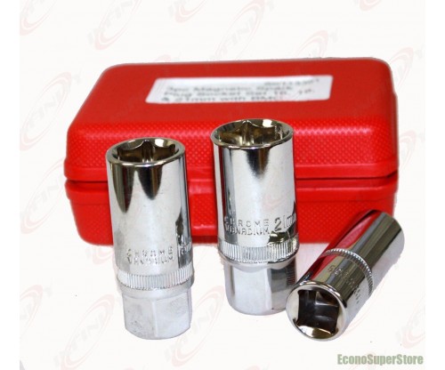 3pc Magnetic Spark Plug Socket Set 16, 18, 21mm 1/2" Dr Remove Installing Socket